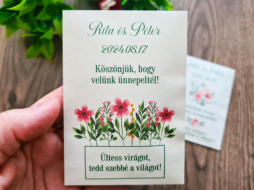 Virágmag köszönetajándék fehér tasakban