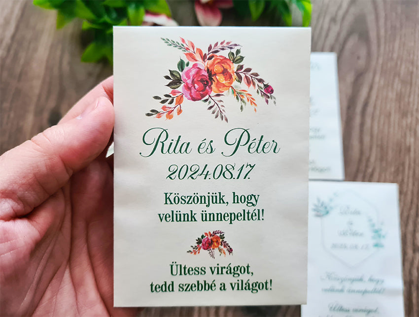 Virágmag köszönetajándék fehér tasakban