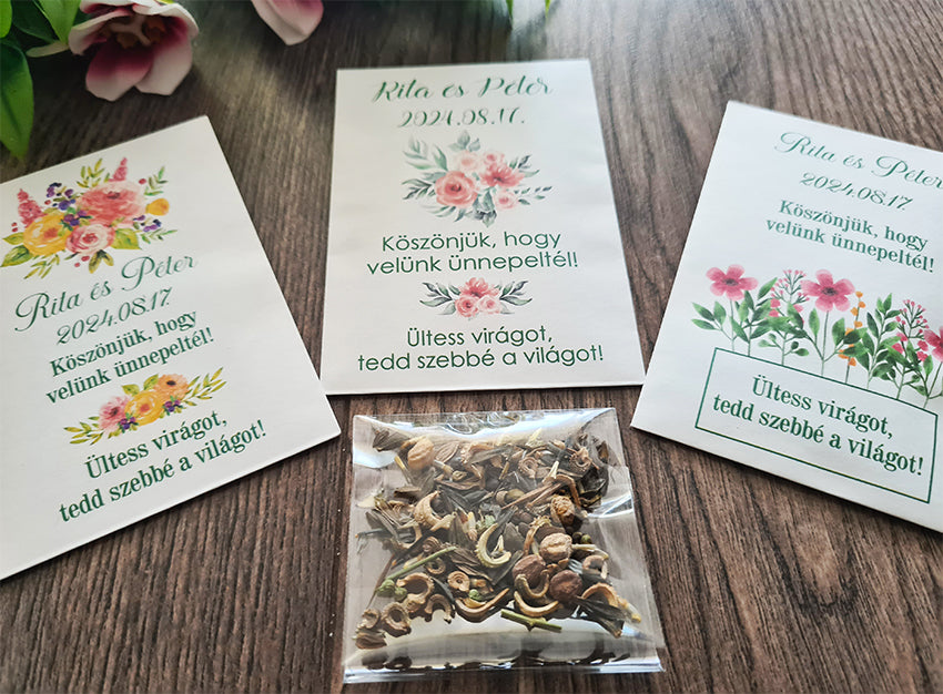 Virágmag köszönetajándék fehér tasakban