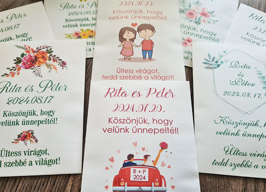 Virágmag köszönetajándék fehér tasakban