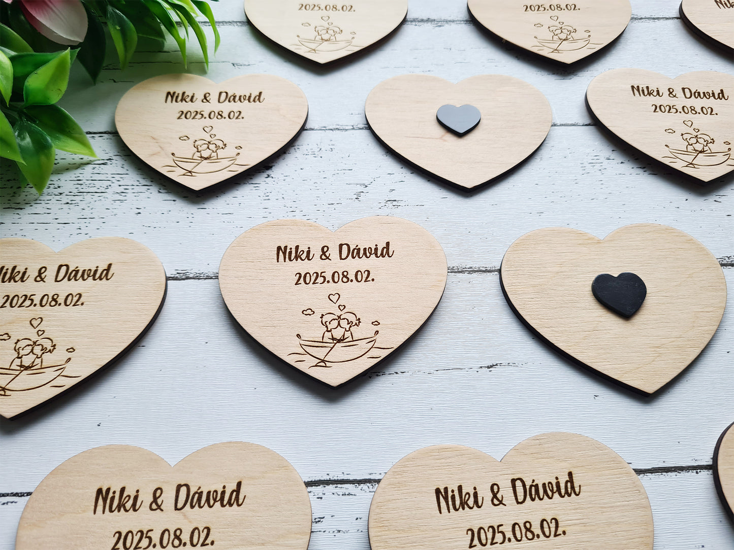 Gravírozott fa szív hűtőmágnes köszönetajándék