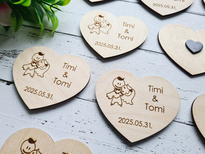 Gravírozott fa szív hűtőmágnes köszönetajándék